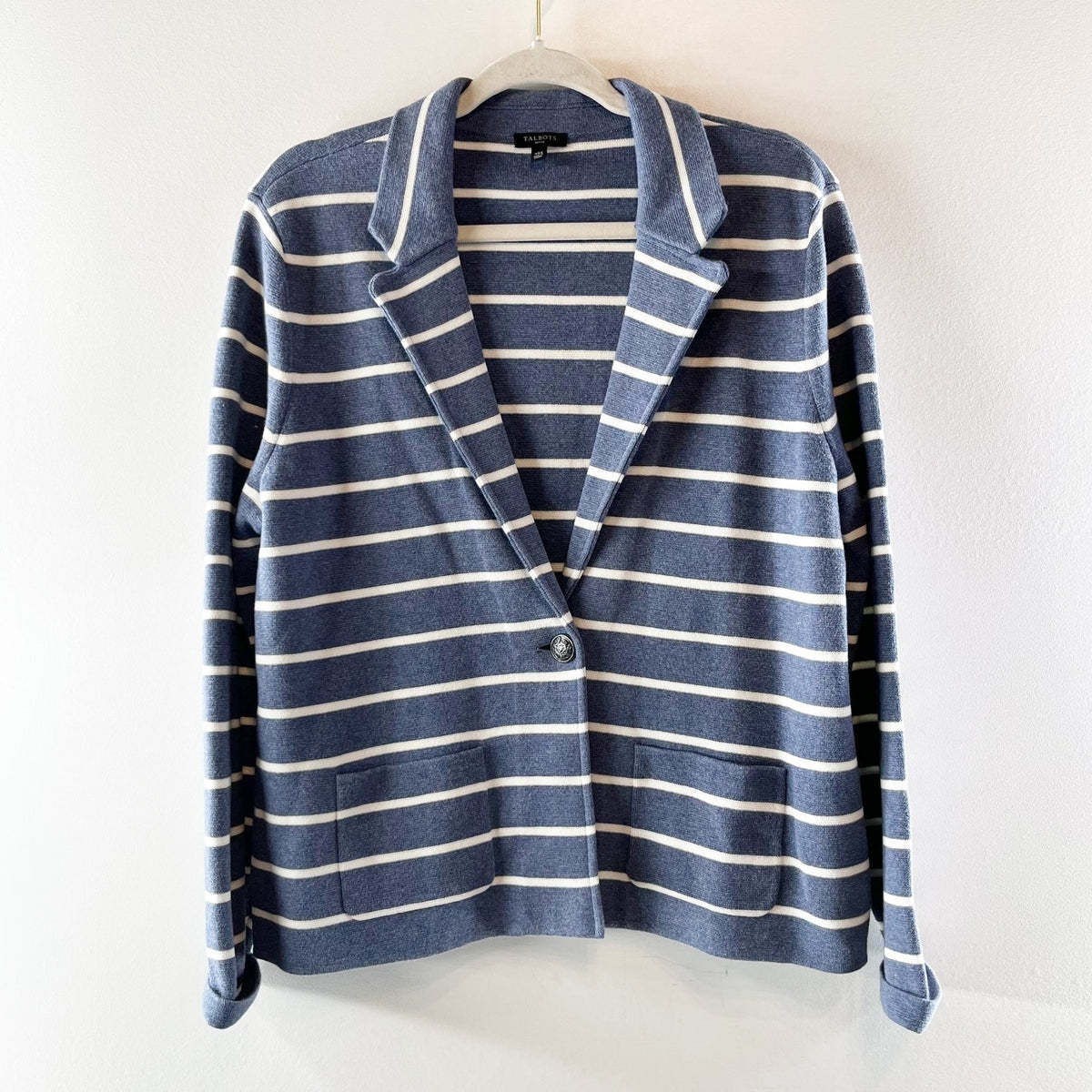 Talbots Stripe Long Sleeve Notch Lapel Modern Sweater Blazer Blue White XLP
