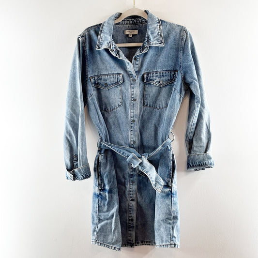 Habitual Long Sleeve Denim Button Up Mini Shirt Dress Blue Medium