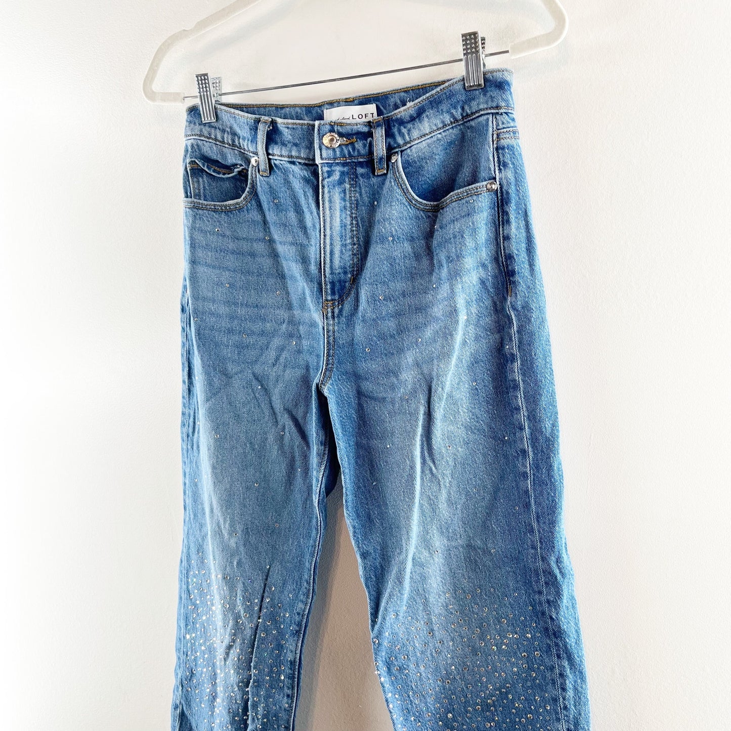 LOFT High Rise Straight Leg Raw Frayed Hem Rhinestone Jeans Blue 2 / 26