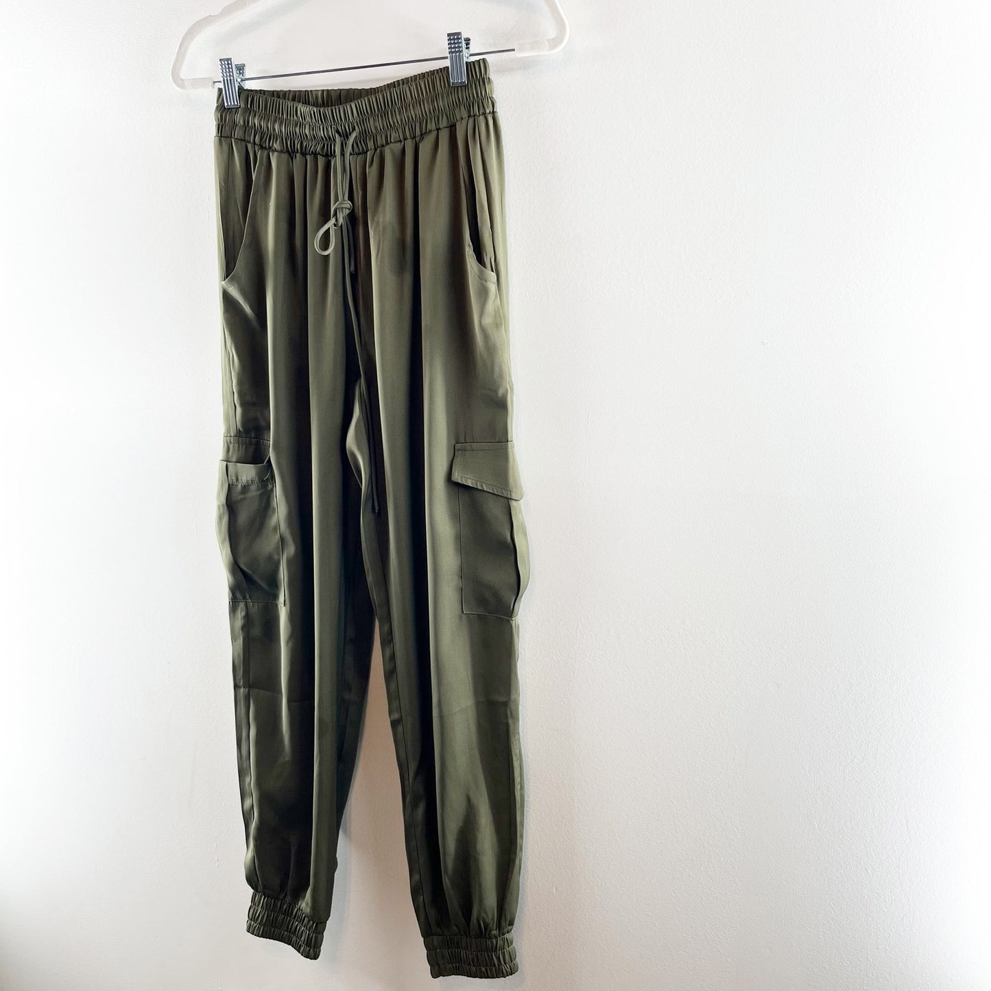 PINCH Satin Pull On High Waisted Drawstring Cargo Jogger Pants Olive Green Small