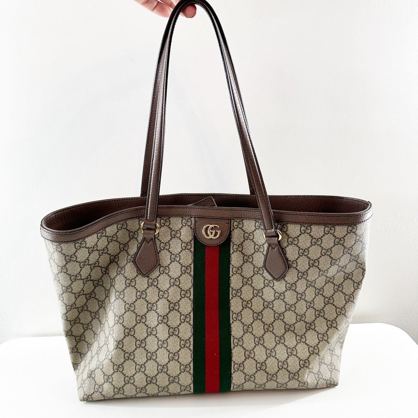 Gucci Ophidia GG Web Stripe Medium Tote Bag Beige Tan and Ebony