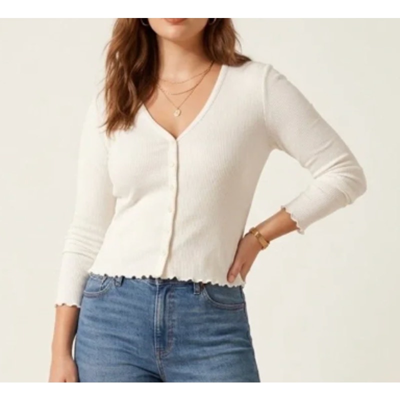 Madewell V Neck Long Sleeve Lettuce Hem Cardigan Sweater Cream Ivory Small