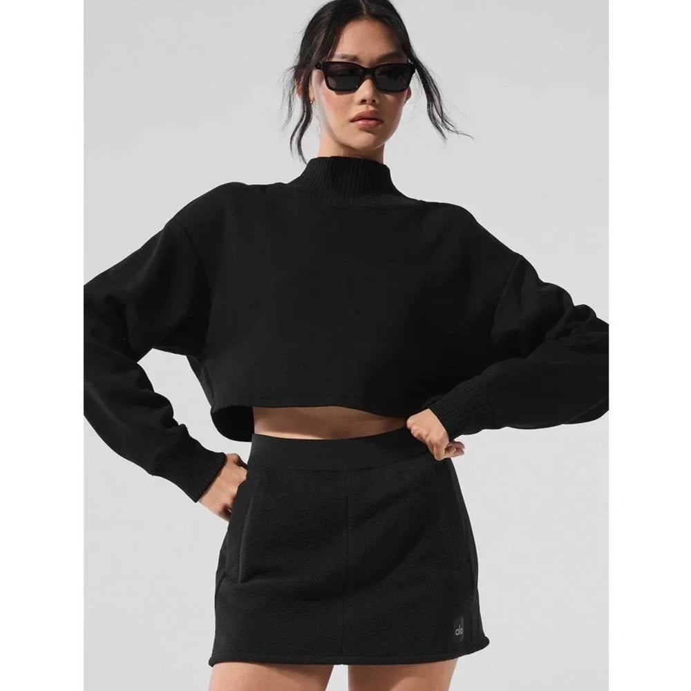 Alo Yoga Cropped Serenity Rib Mock Neck Boxy Coverup Sweatshirt Black XS