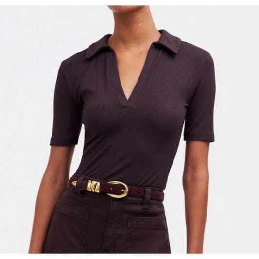 Madewell Drapey Rib Short Sleeve Polo Shirt Top Chocolate Brown XS