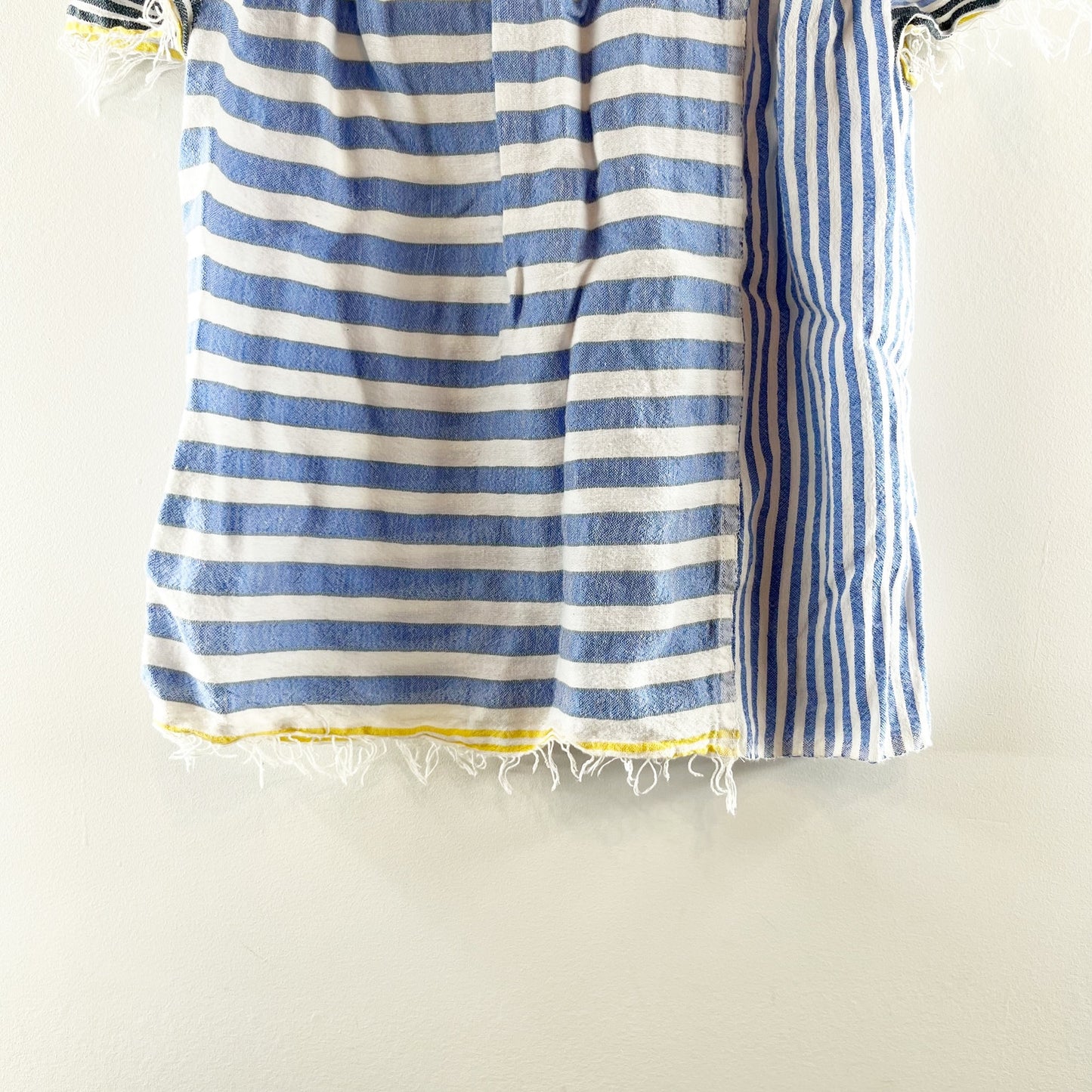 LemLem Striped Fringe Off Shoulder Cotton Top Blouse Blue White Yellow XS