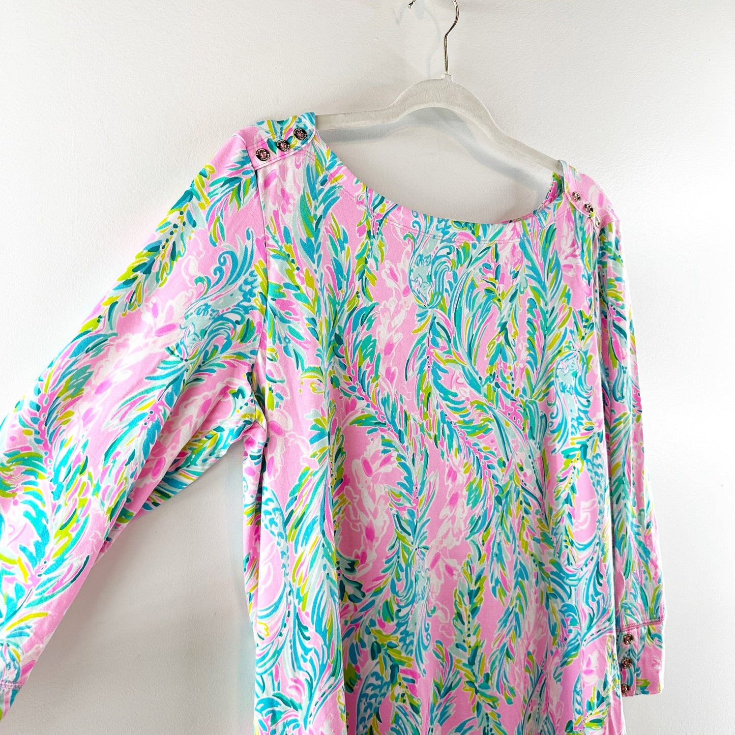 Lilly Pulitzer Sophie 50 UPF 3/4 Sleeve Shift Jersey Mini Dress Blue Pink XL