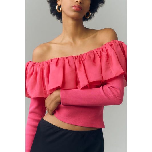 By Anthropologie Off-The-Shoulder Organza Ruffle Blouse Top Pink Small