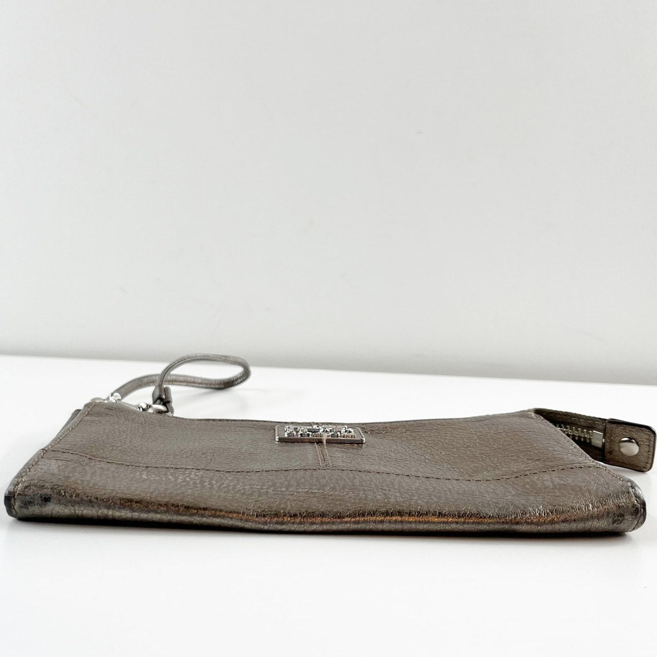 Coach Poppy Metallic Wristlet Wallet Pewter Bronze