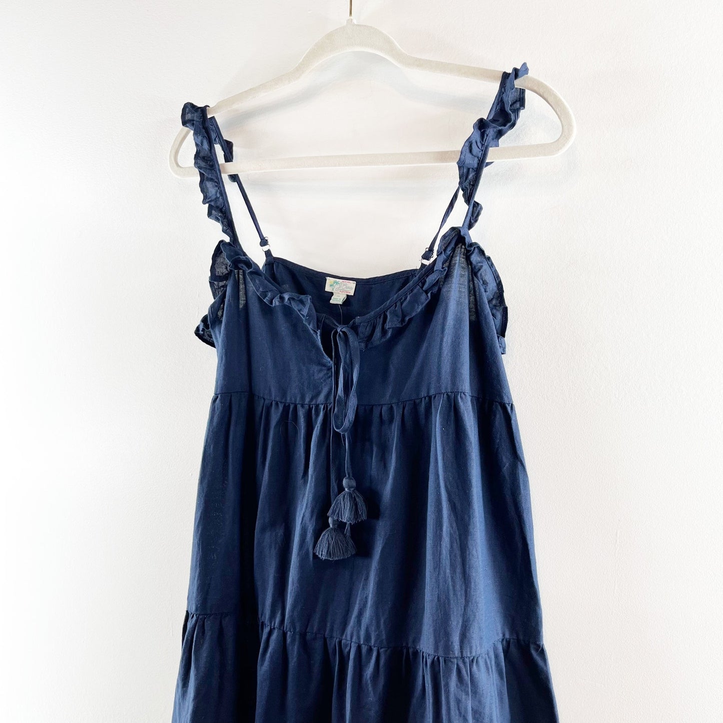 J. Crew Tiered Ruffle Strap Midi Beach Dress in Crinkle Cotton Navy Blue XS