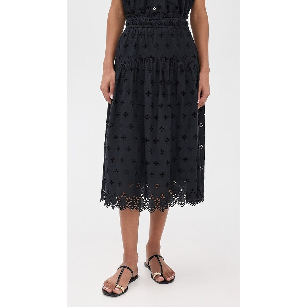 Marea by Liz Joy Louisa Eyelet High Waisted Tiered Midi Skirt Black XS