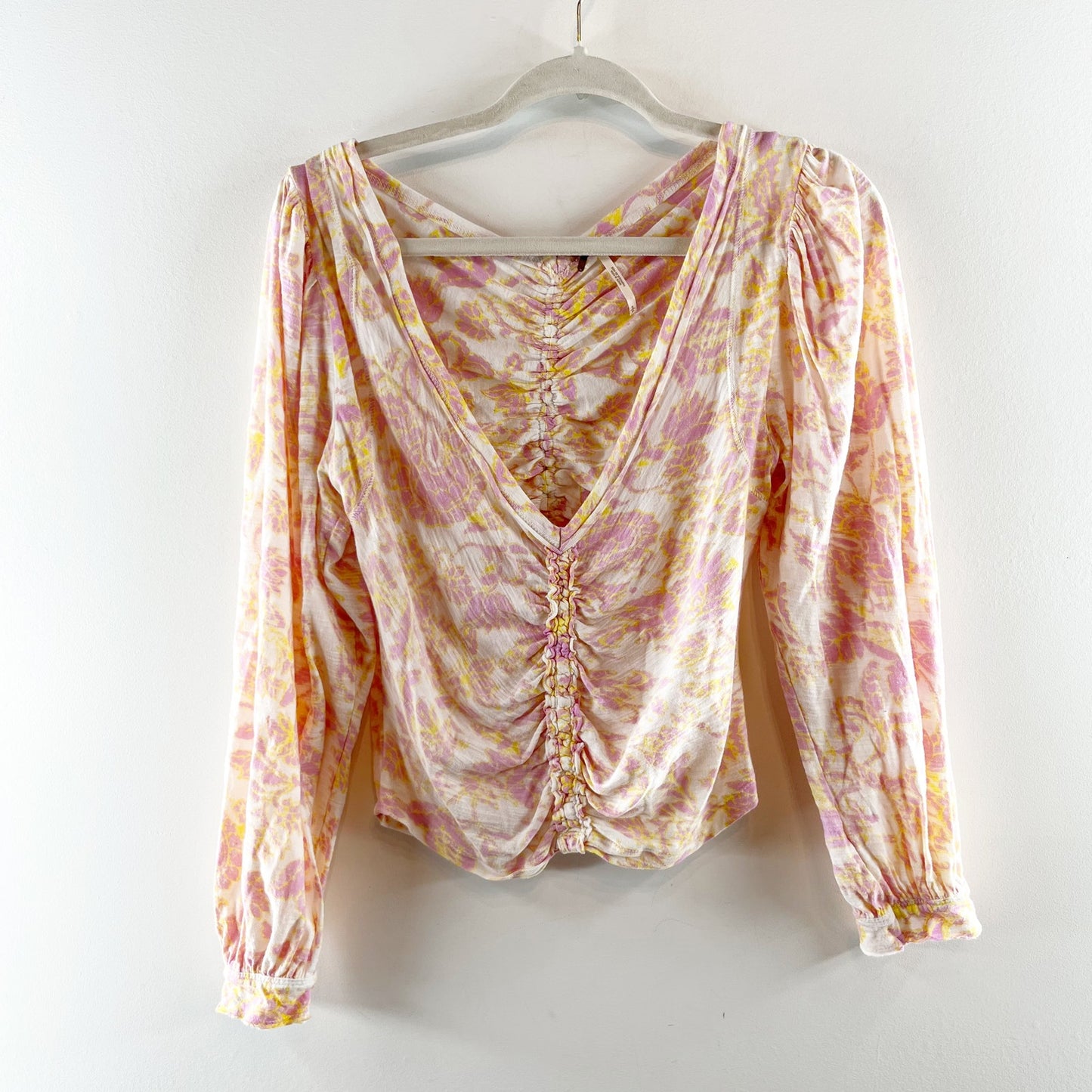 Free People Say The Word V Neck Long Sleeve Floral Ruched Top Pink Small