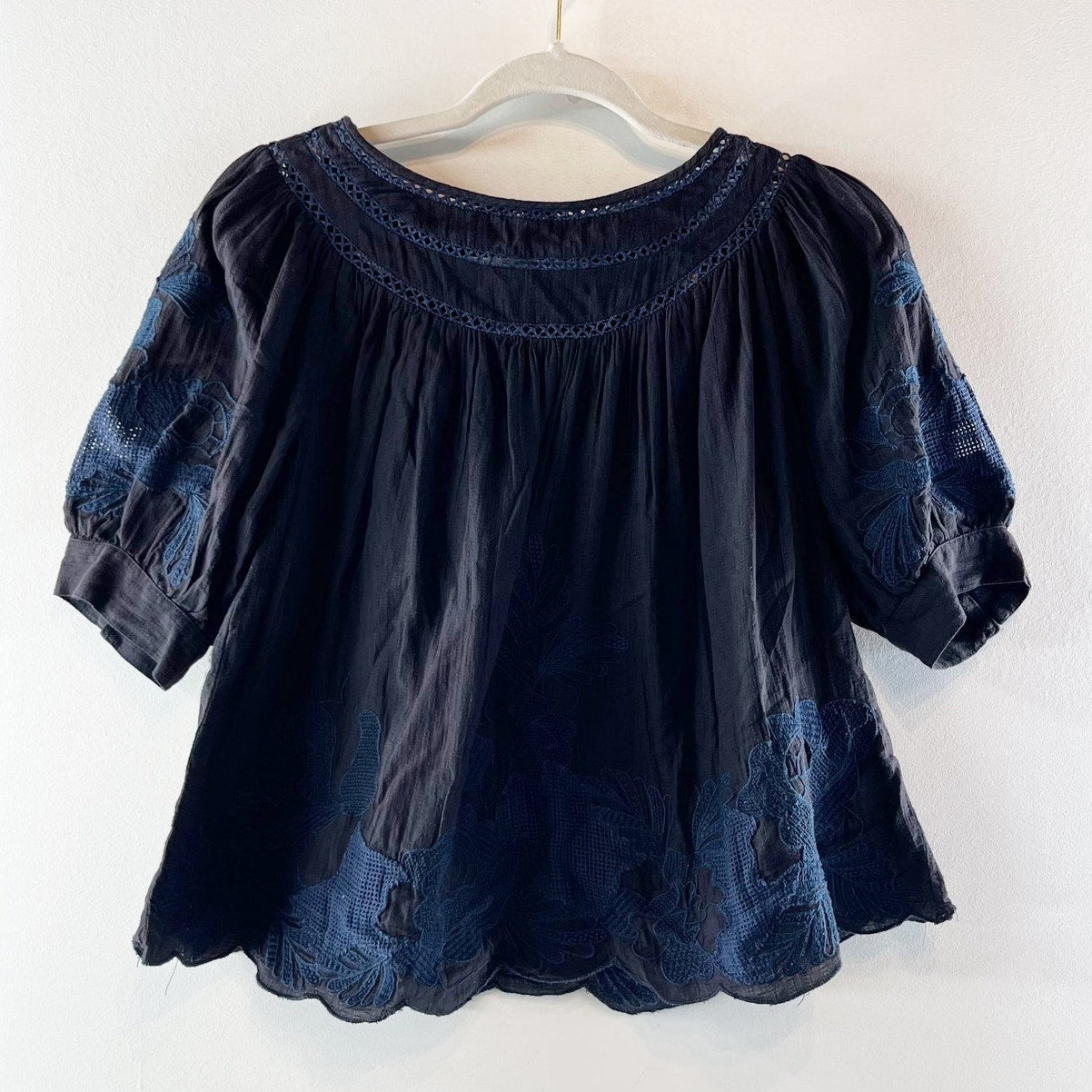 Anthropologie Salma Embroidered Peasant Blouse Navy Blue 0 Petite