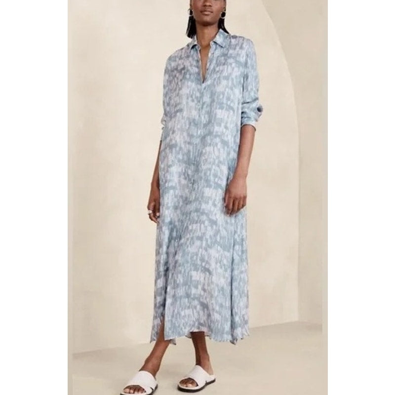 Banana Republic Alani Long Sleeve Maxi Printed Shirt Dress Blue XL / XXL