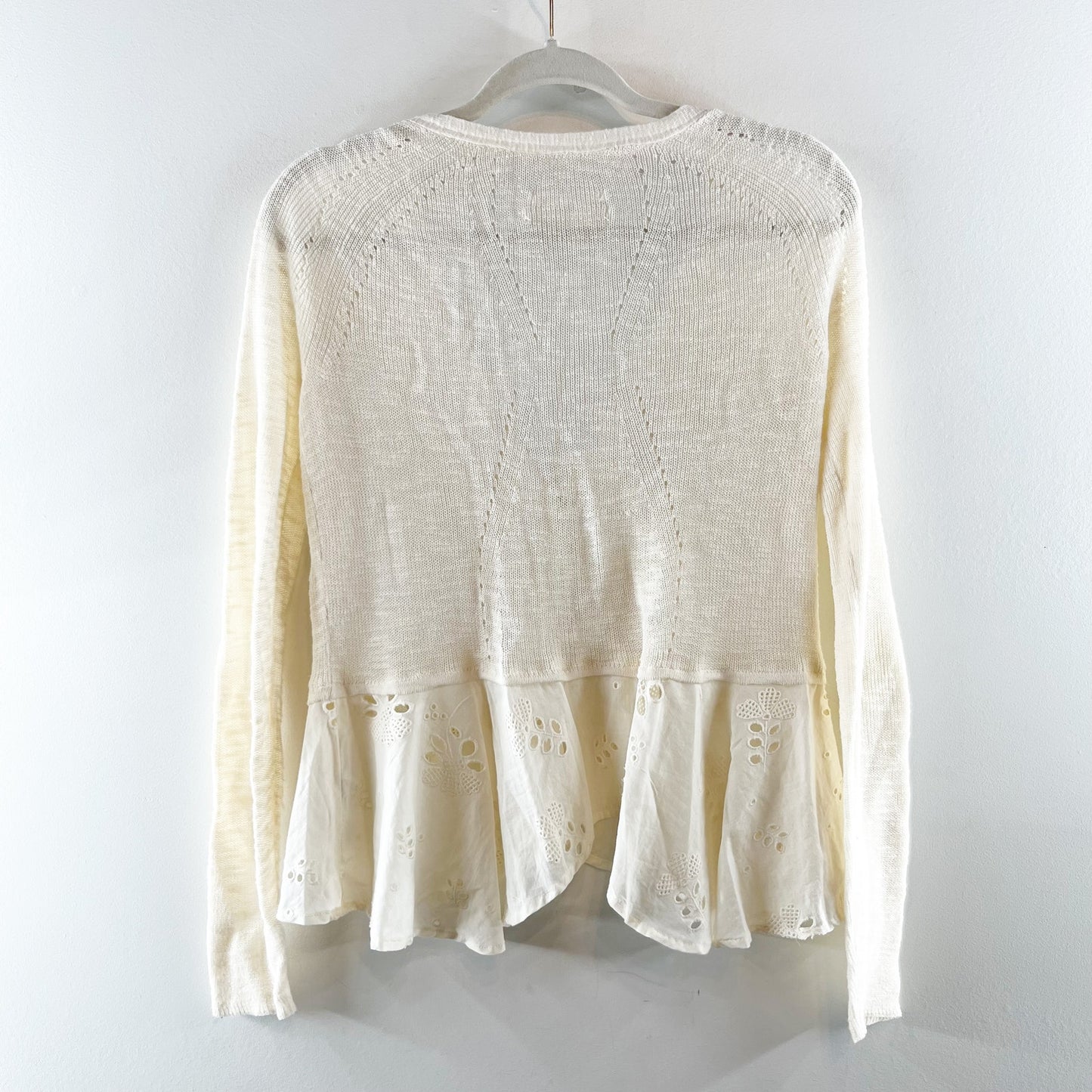 Anthropologie Hollie Eyelet Peplum Button Up Cardigan Sweater White Cream Small