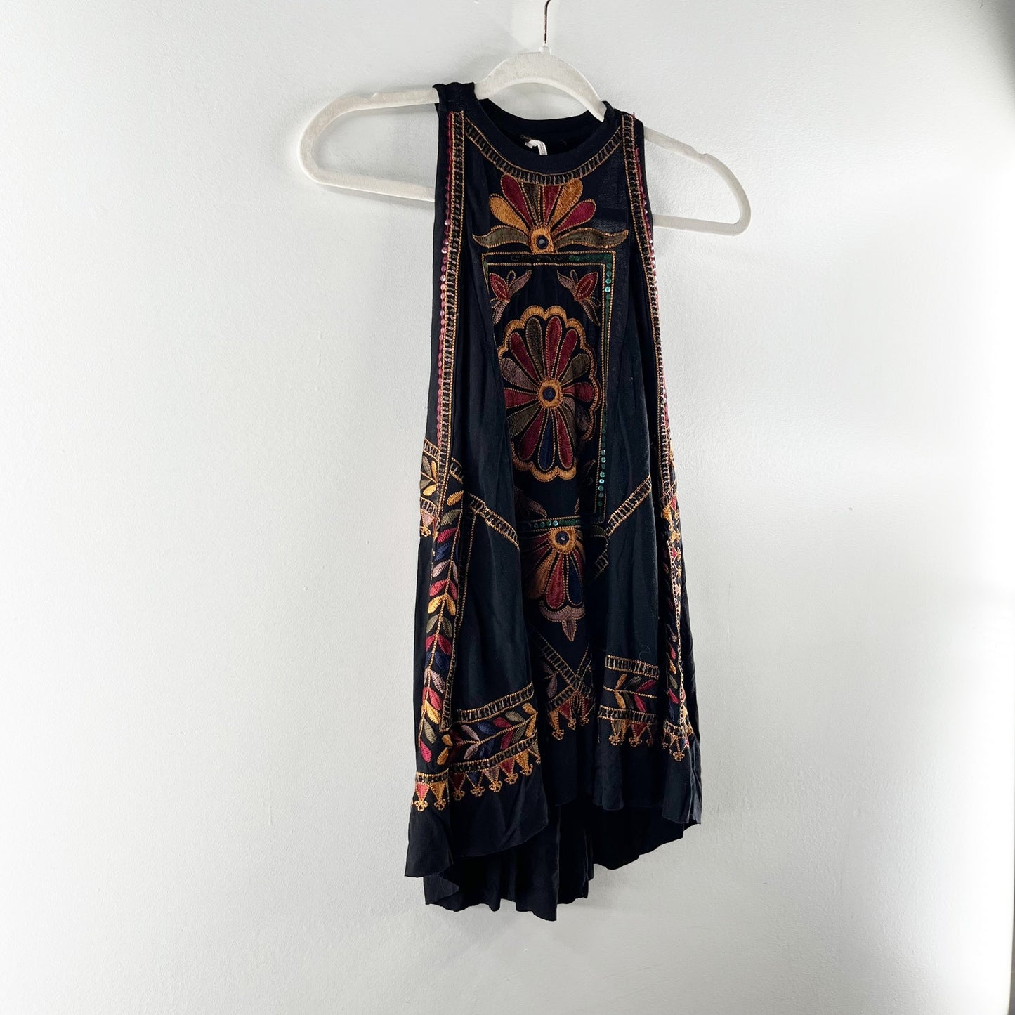 Free People Isabella Embellished Sequin Embroidered Jersey Tank Top Black Small