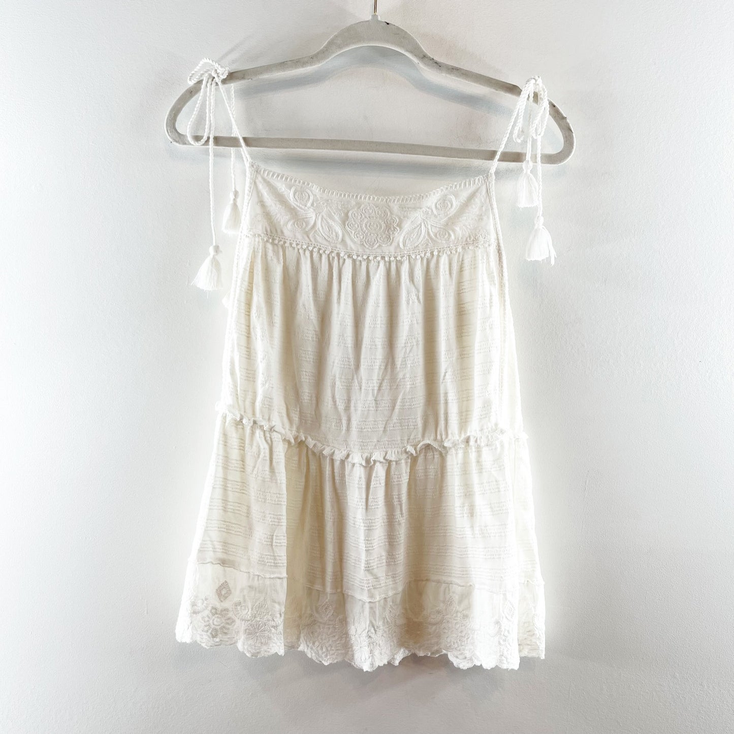 Anthropologie Sleeveless Tie Shoulder Eyelet Tiered Tank Top White Small