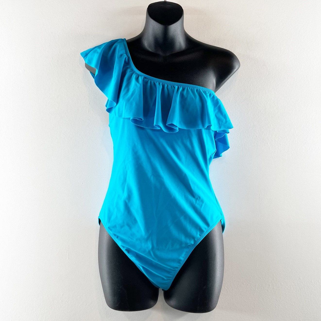 J. Crew One Shoulder Ruffle Trim One Piece Swimsuit Blue Teal Medium
