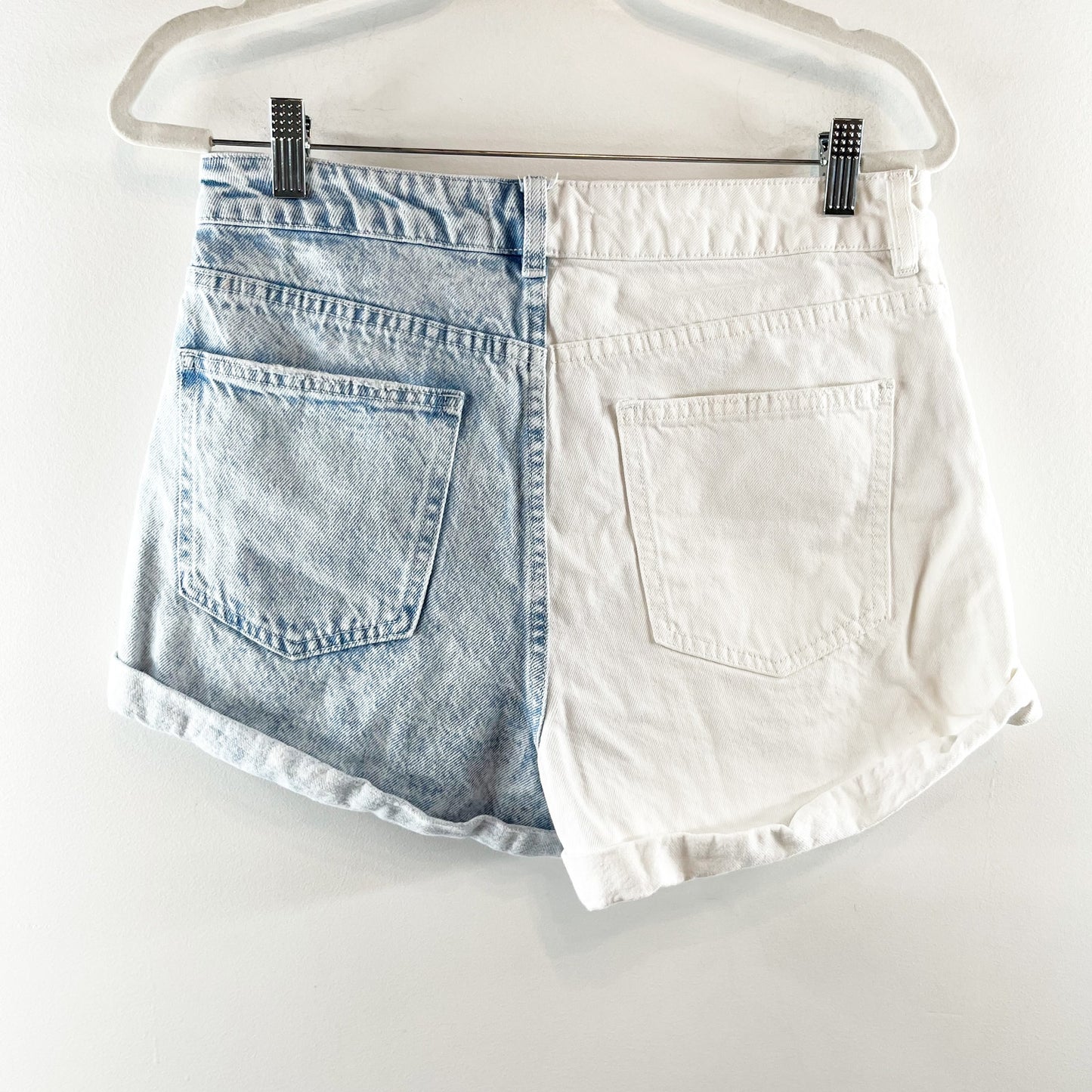 PacSun High Waisted Two-Tone Cuffed Hem Mom Shorts Blue White Denim 29