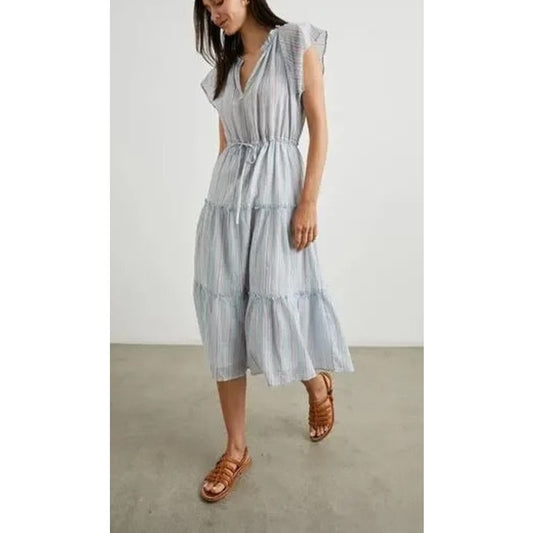 Rails Juni Short Sleeve Tiered Cotton Striped Midi Sundress Placid Blue XS