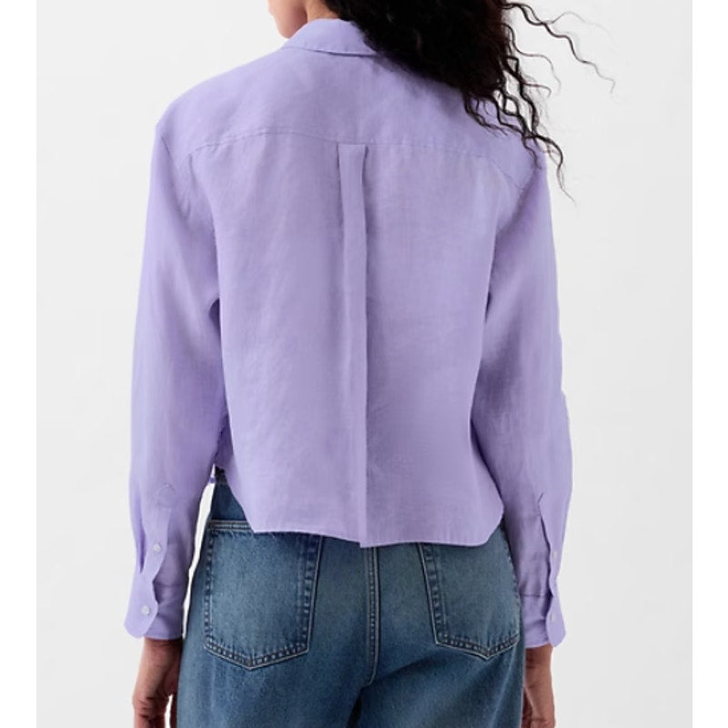 GAP Linen Long Sleeve Cropped Button Down Shirt Lavender Purple Medium