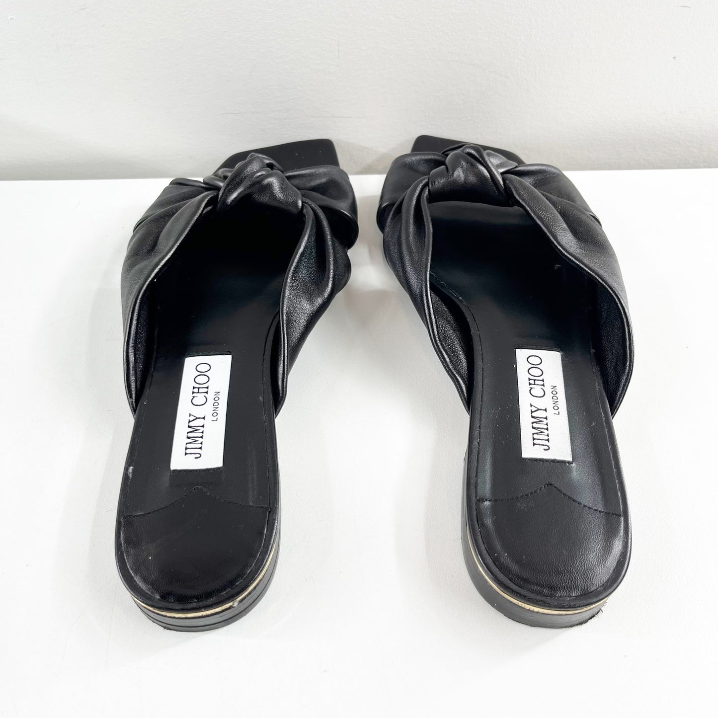 Jimmy Choo Avenue Leather Flat Slide Knot Sandals Black 38.5
