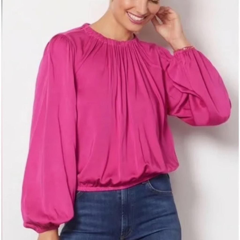 Cloth & Stone Lux Satin Balloon Sleeve Round Neck Banded Blouse Top Pink Small