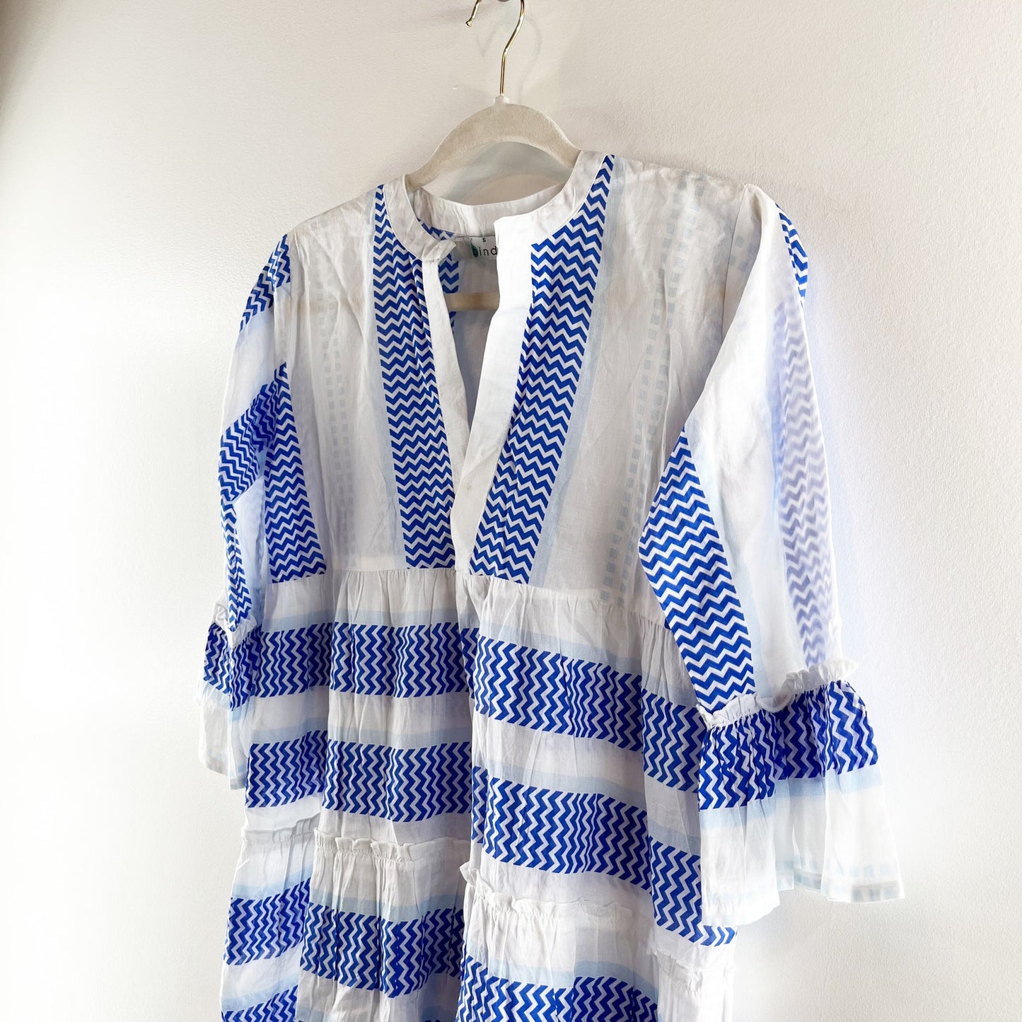 Bindu Elbow Length Sleeve Striped Ruffle Hem Mini Dress White Blue Small