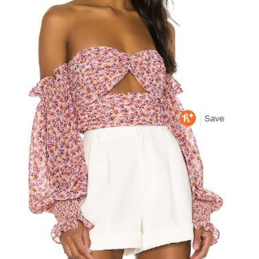 AMUR Hilda Floral Off-The-Shoulder Sweetheart Neck Crop Blouse Top Pink Large