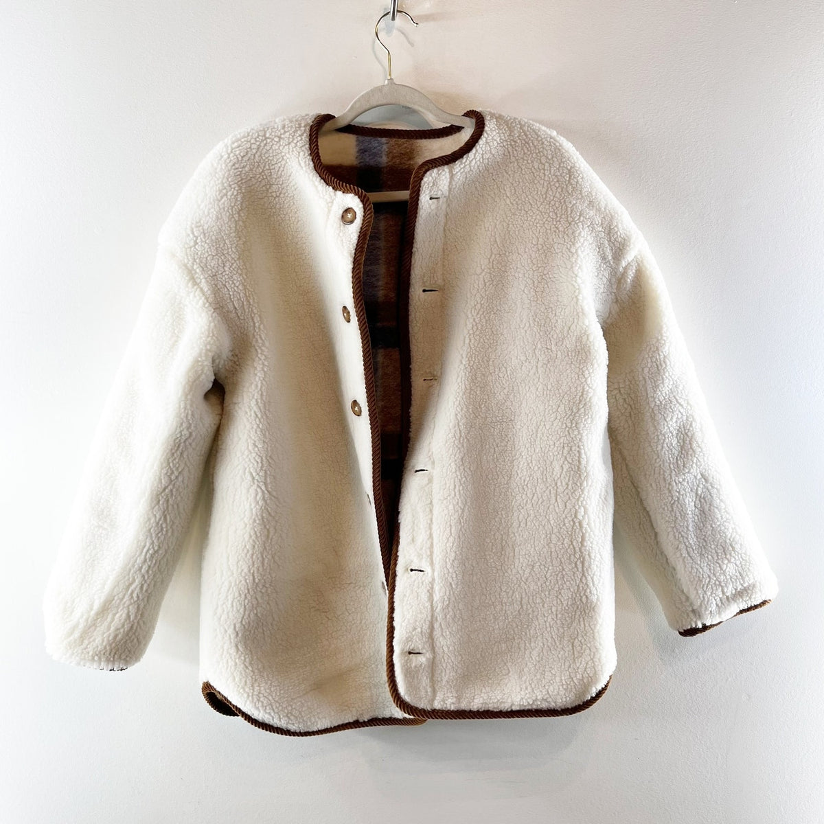Sezane Veste Sari Laine Carreaux Reversible Sherpa Jacket Écru Camel Bleu 34 / 2