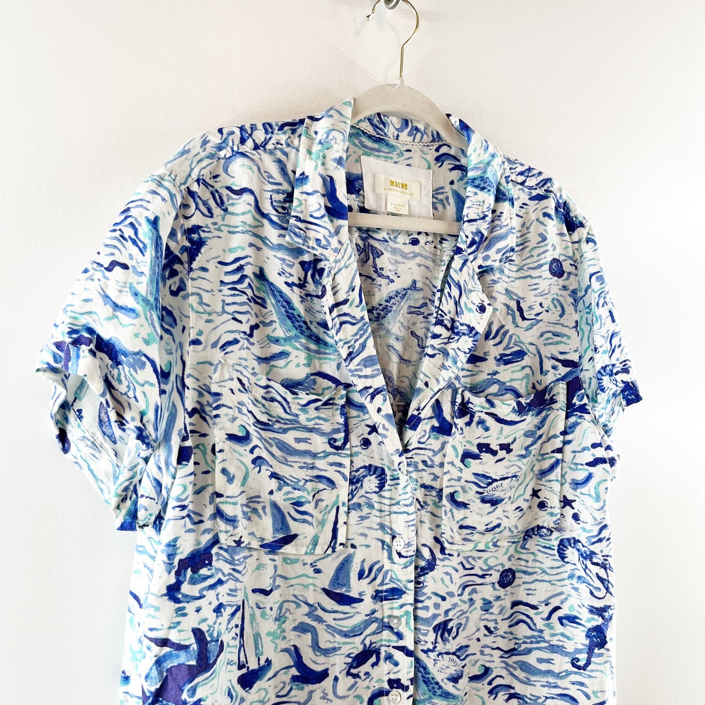 Maeve Anthropologie Short Sleeve Linen Blend Surf Shirt Blue XL
