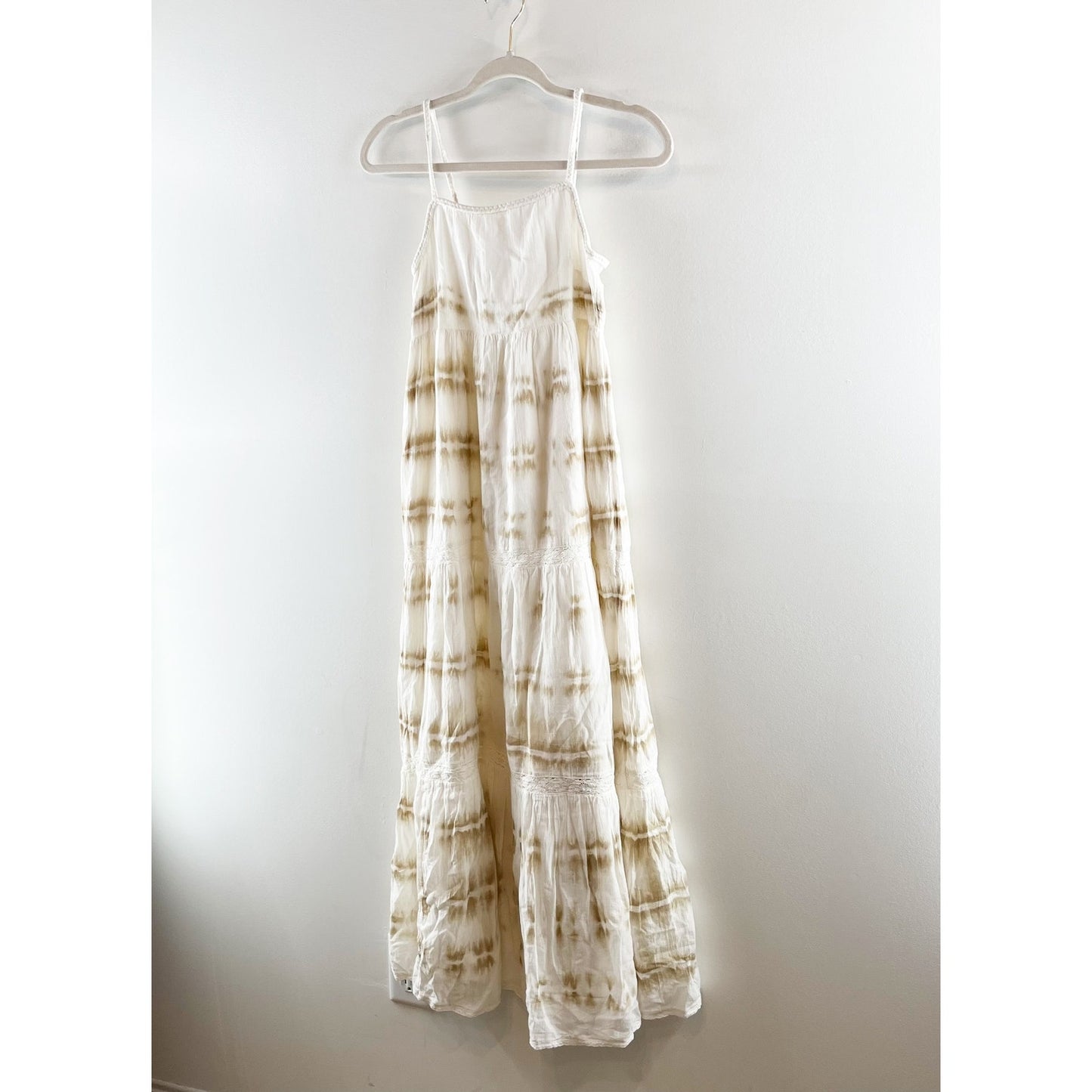 Aerie Cotton Tie Dye Tiered Maxi Sundress Dress Cream Tan XS NWT