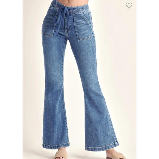 Risen Denim Mid Rise Flare Jeans With Drawstring and Front Pockets Blue 5 / 27