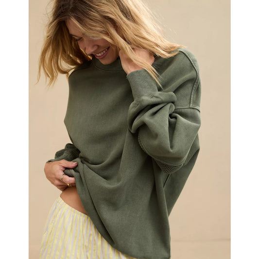 Aerie Getaway Long Sleeve Oversized Sweatshirt Olive Green XS