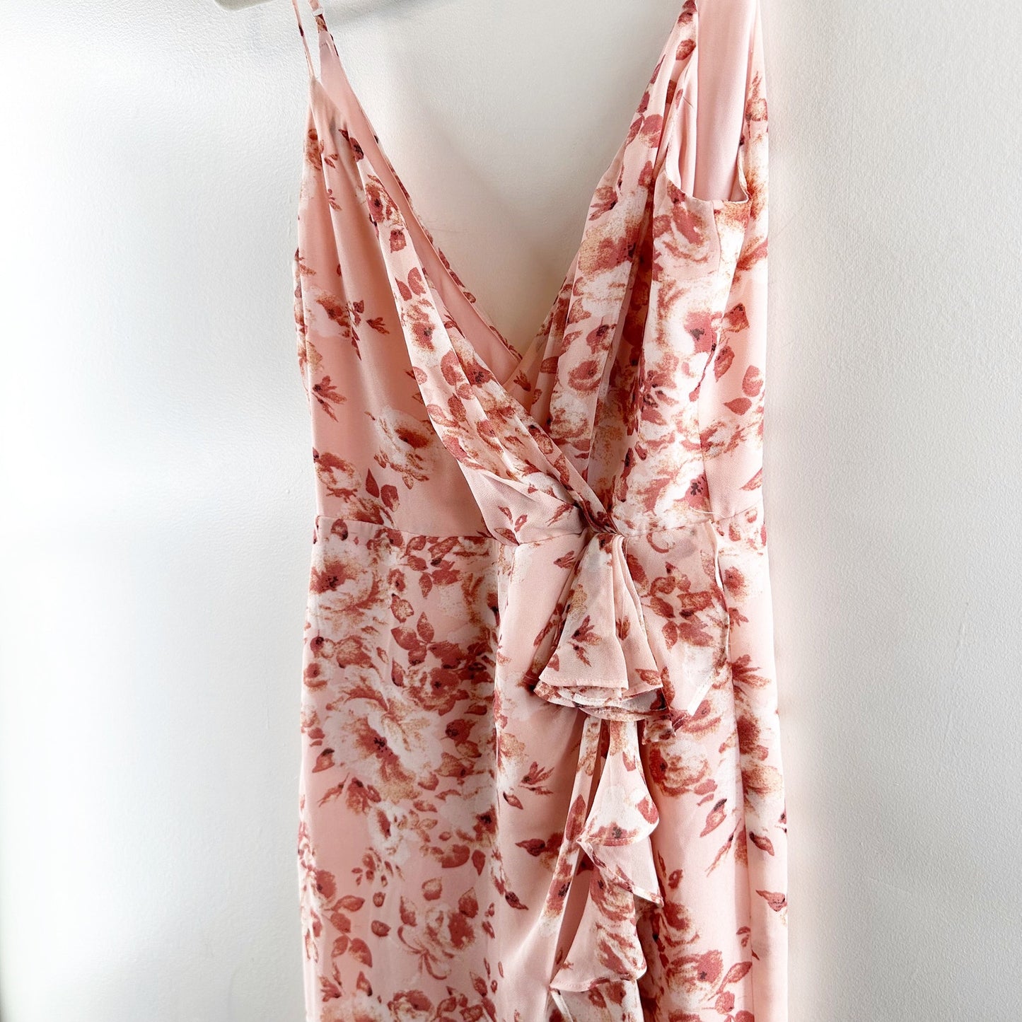 Bardot Floral Ruffle Faux Wrap Midi Slip Dress Pink 6