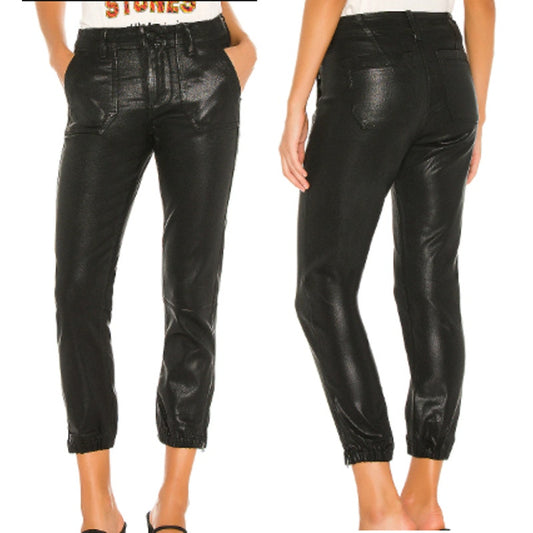 Paige Mayslie Luxe Coating High Waisted Cropped Jogger Pants Black Fog US 26