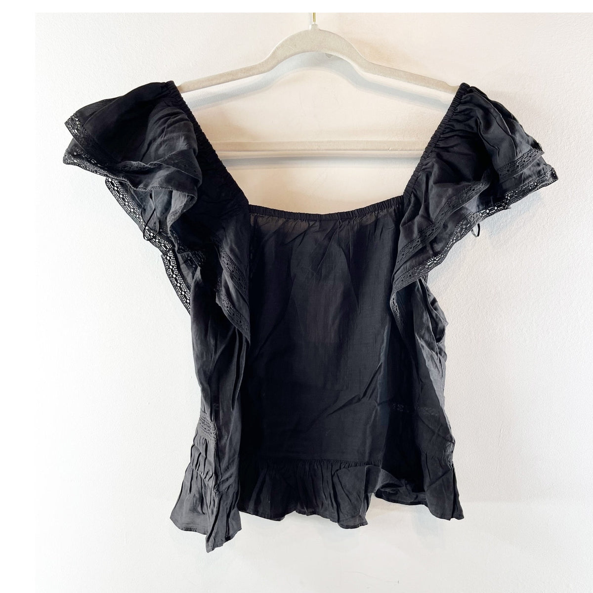 H&M Cotton Blend Cap Sleeve Lace Trim Blouse Top Black Small