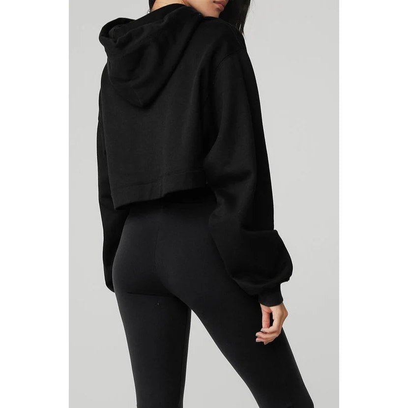 ALO Yoga Bae Long Sleeve Dropped Shoulder Active Cropped Boxy Hoodie Black Small