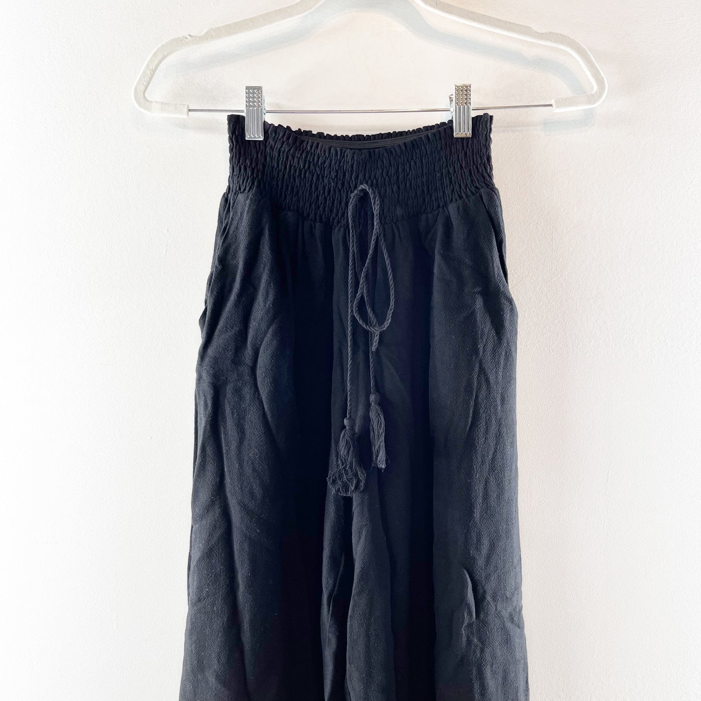 Miou Muse Cotton Linen High Rise Smocked Waist Wide Leg Pants Tassel Black Small