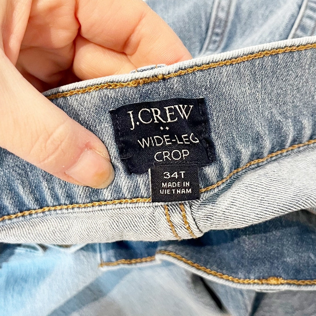 J. Crew High Rise Wide Leg Cropped Jeans All Day Stretch Raw Hem Blue 34 Tall