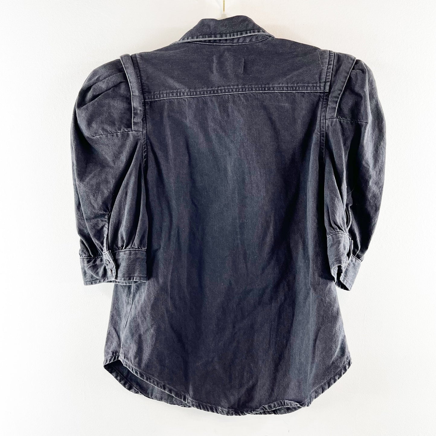 Frame Rosette Puff Elbow Sleeve Collared Denim Button Down Shirt Black Small