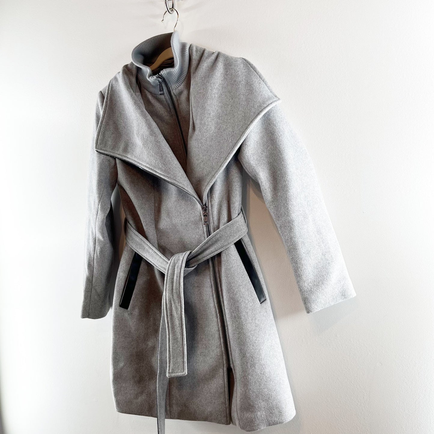 Vince Camuto Belted Asymmetrical Zip Wool Hybrid Coat with PU Trim Gray XXS