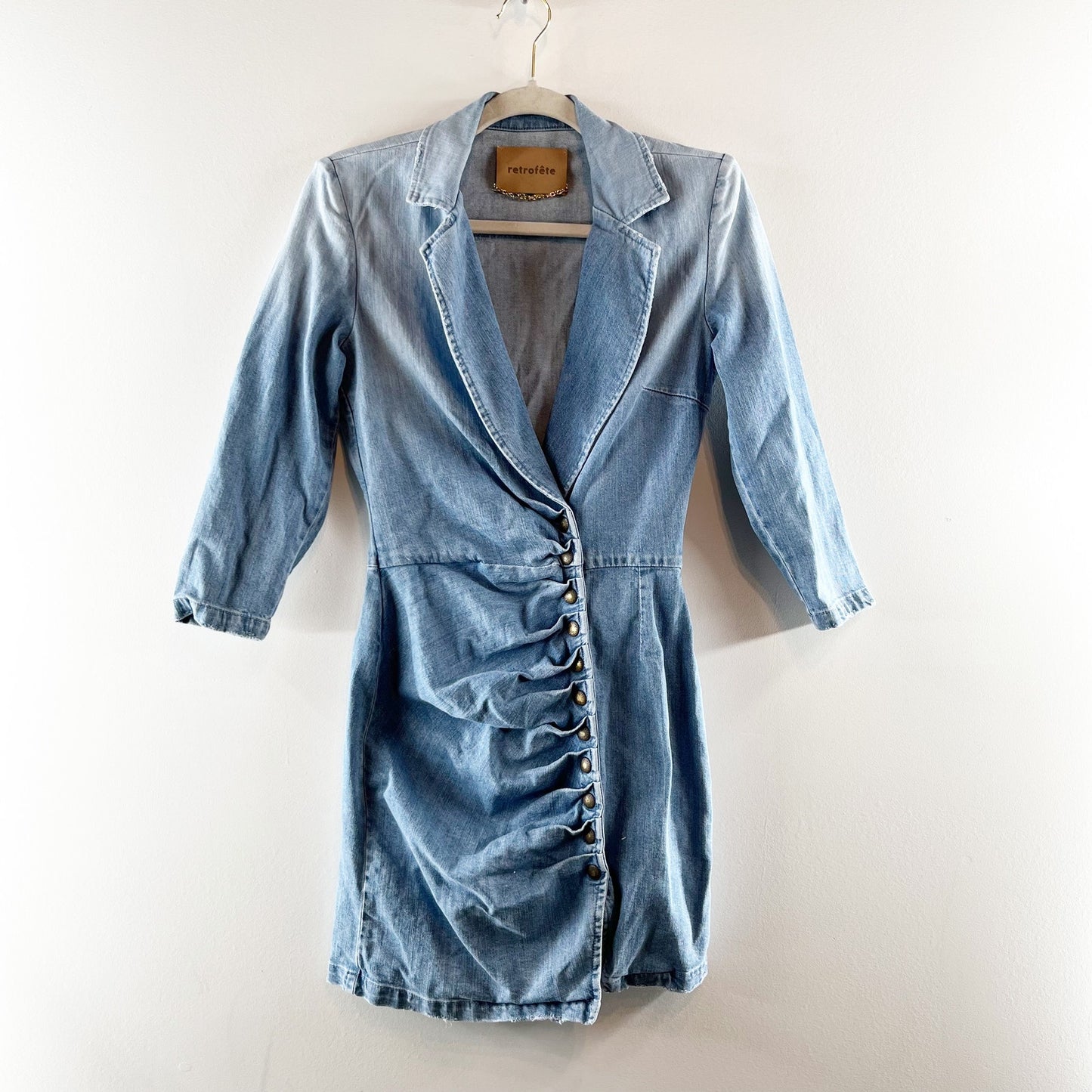 Retrofete Willa Long Sleeve Snap Button Light Wash Denim Mini Dress Blue Small