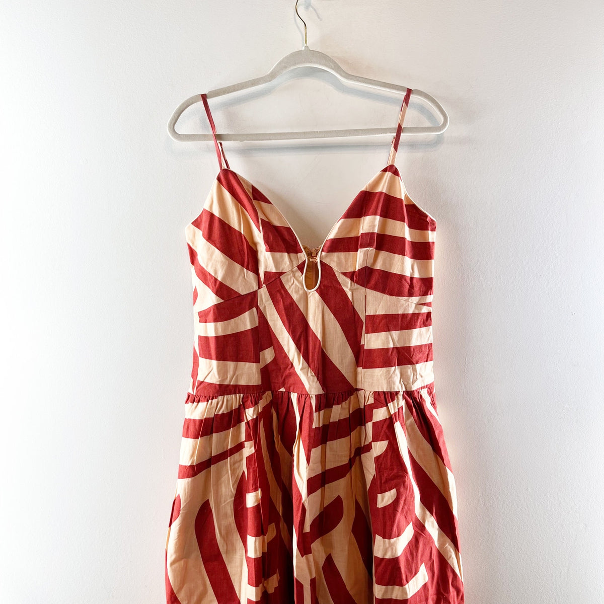Mon Renn Geometric Cotton Drop Waist Midi Dress Maroon Red Medium