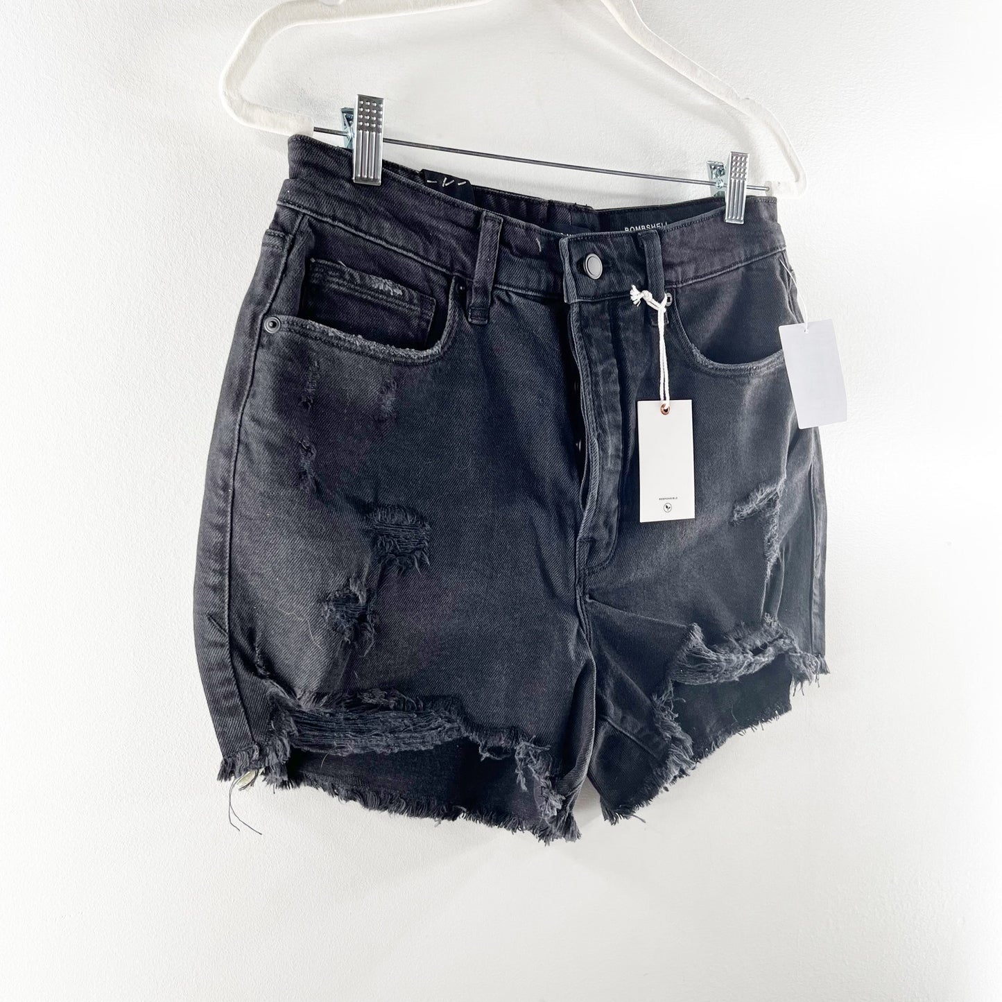 Good American High Waisted Distressed Bombshell Jean Shorts Black 10 / 30
