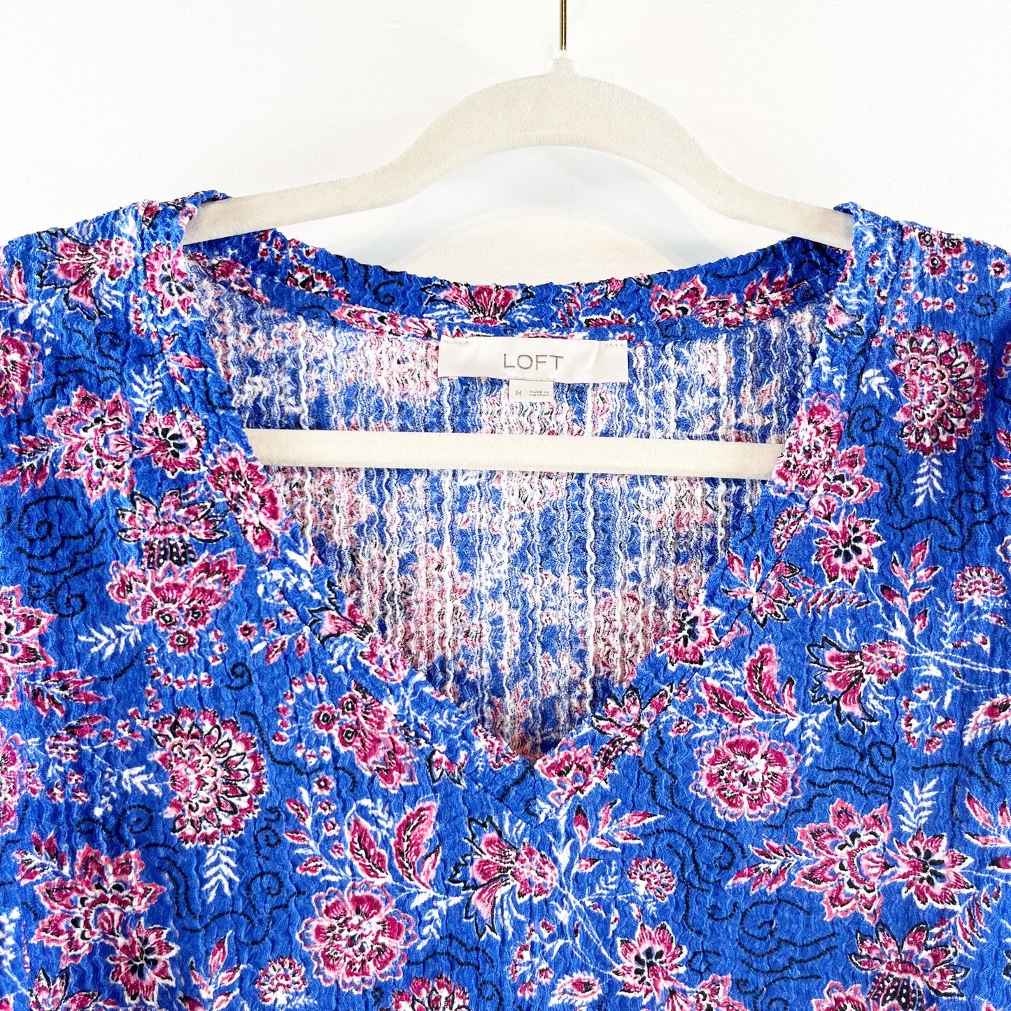 LOFT Garden Shirred Puff Long Sleeve Top Blouse in Cerulean Star Blue Medium