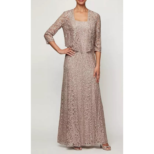 Alex Evenings Sequin Lace A-Line Maxi Gown Dress and Matching Jacket Buff 12