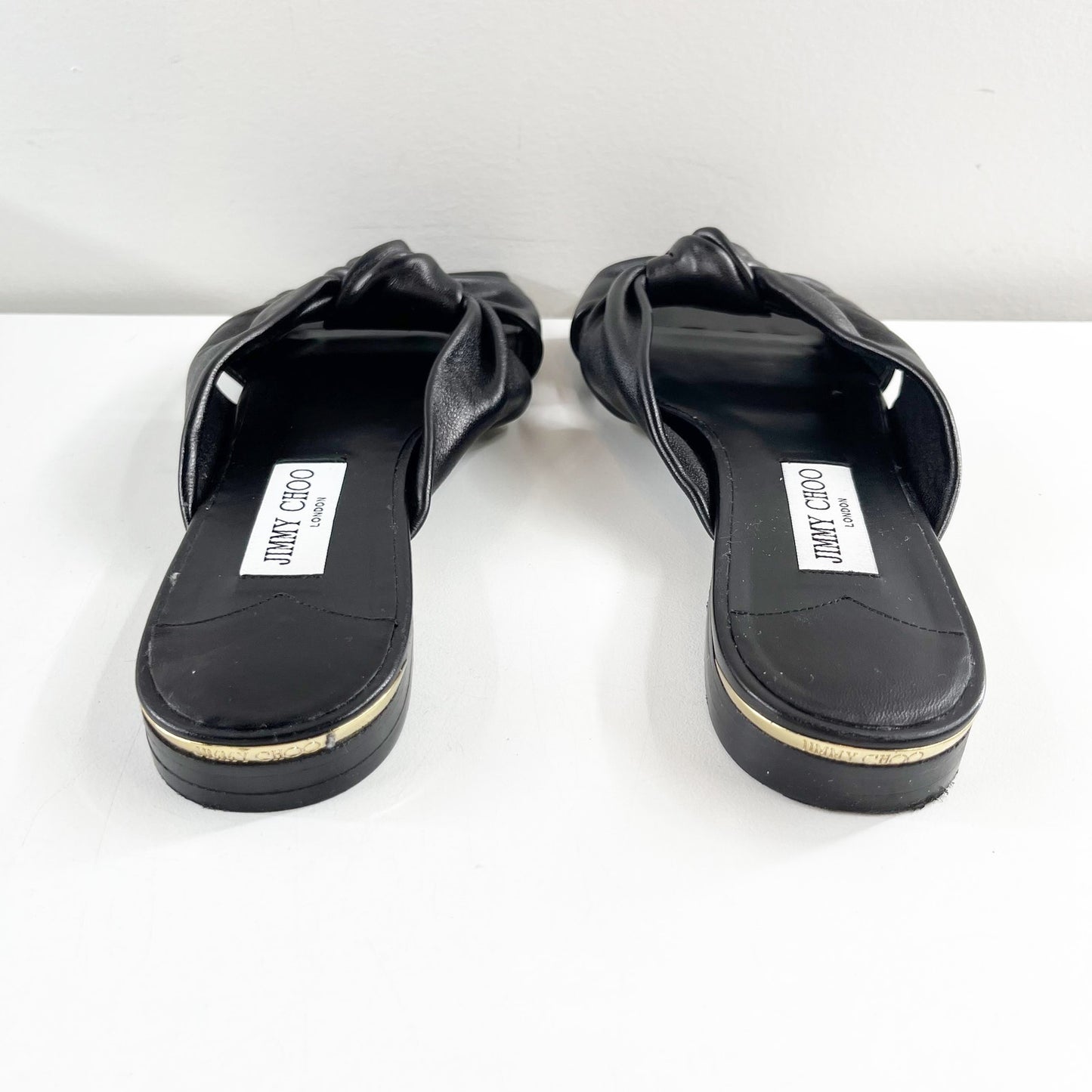 Jimmy Choo Avenue Leather Flat Slide Knot Sandals Black 38.5