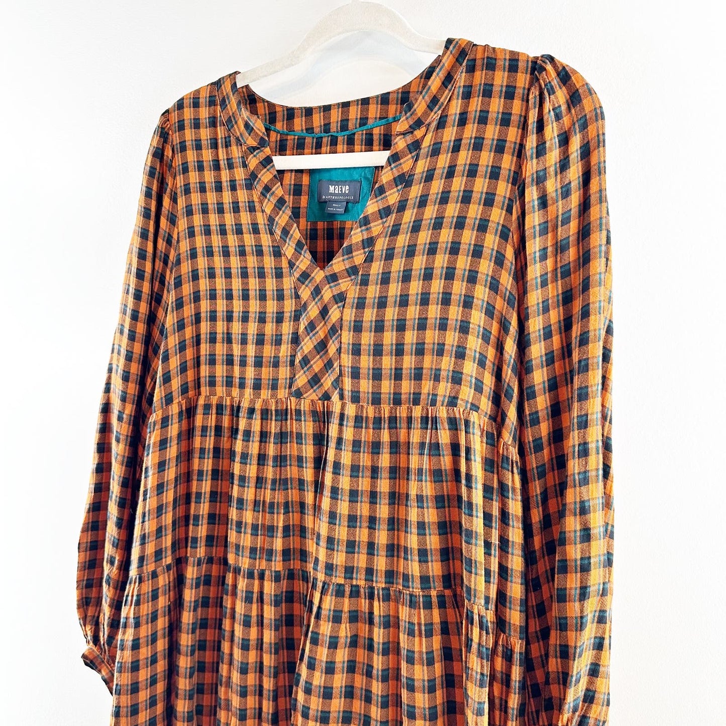 Maeve Anthropologie Long Sleeve Gingham Plaid Tunic Mini Dress Gold Black Small