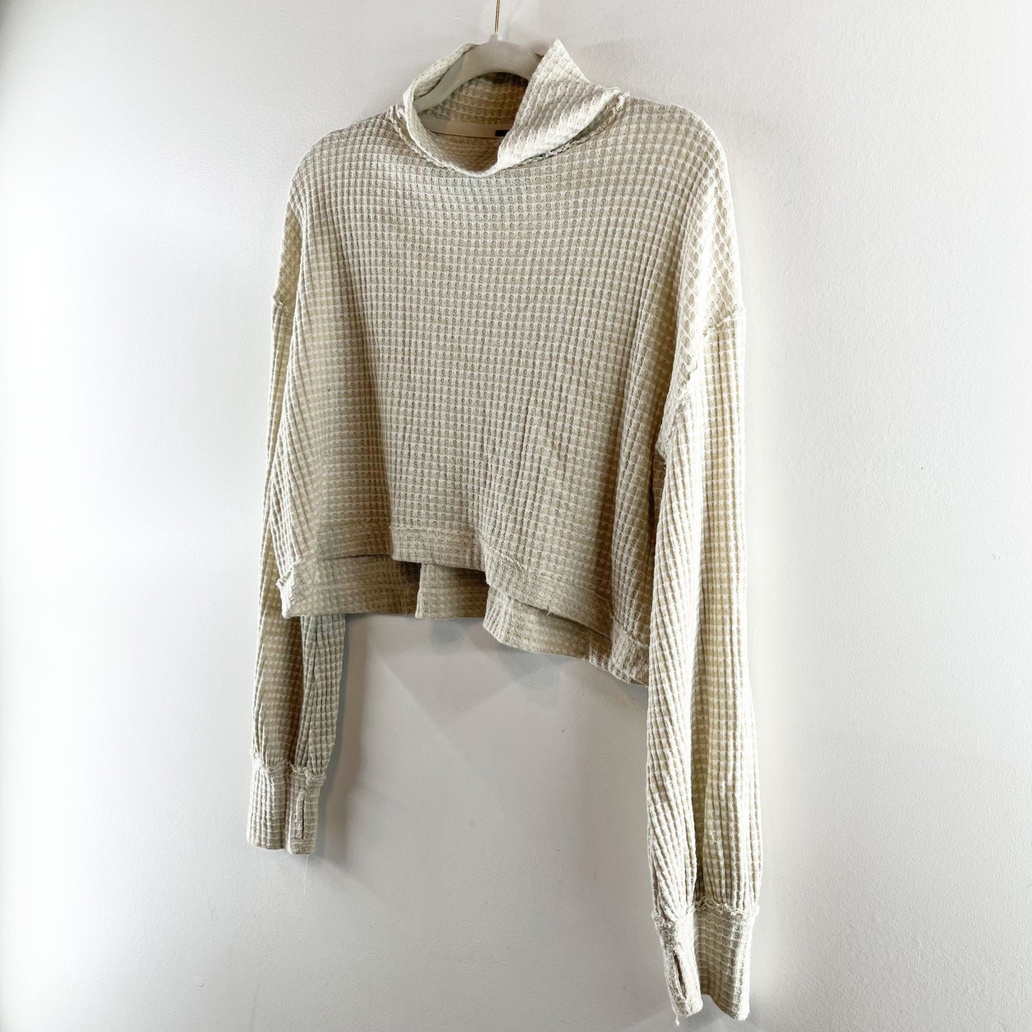 Free People BK Long Sleeve Turtleneck Waffle Knit Crop Thermal Top White Combo M