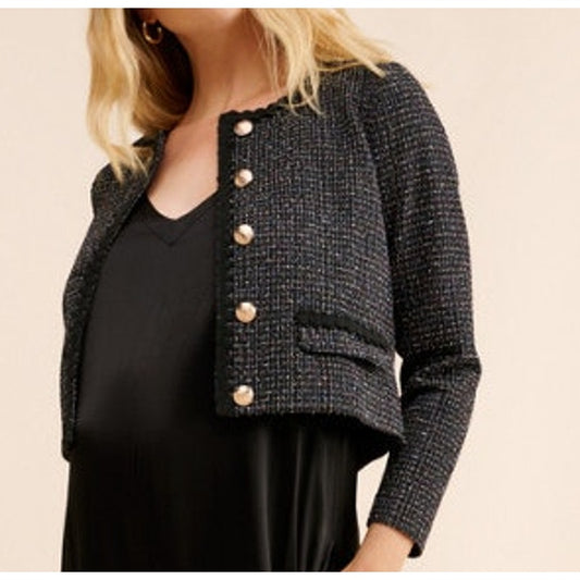 Seraphine Long Sleeve Tweed Cropped Blazer Jacket Black 2